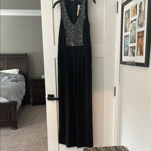 Karen Kane Black and Silver Sequin Jumpsuit V-neck Sleeveless